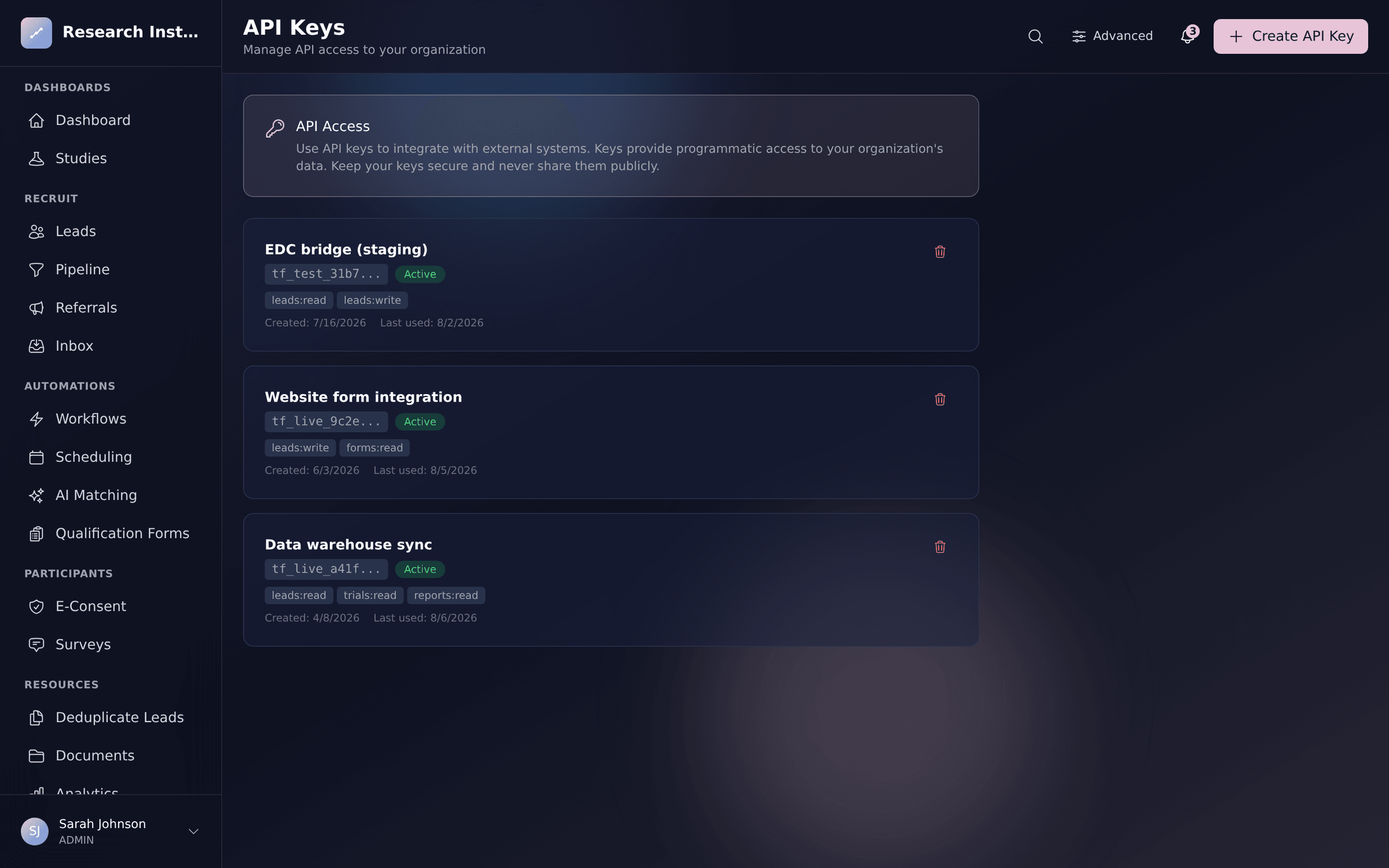 Trialflow API key settings showing scoped keys for a data warehouse sync, website form integration, and EDC bridge