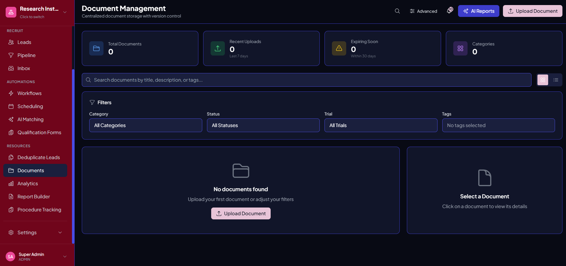 Trialflow document management view with study-linked consent forms and role-based access controls