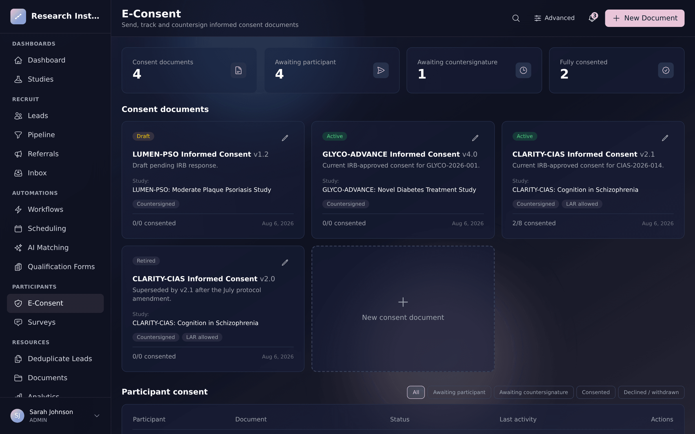 Trialflow e-consent dashboard showing consent documents by version with IRB status and signature progress