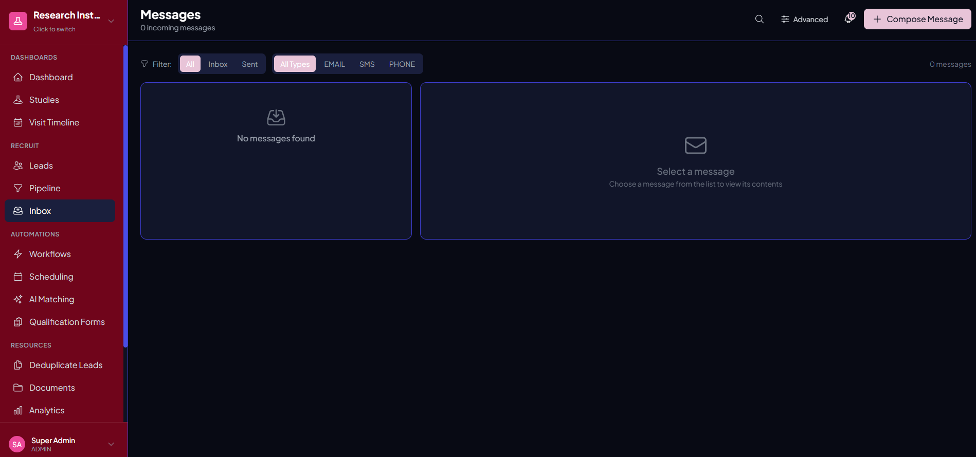Unified participant conversation in Trialflow showing email, SMS, and call activity on one thread