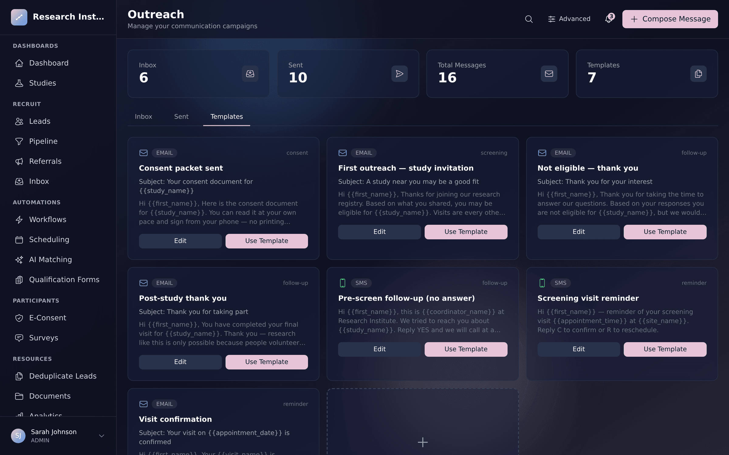 Trialflow outreach templates library with email and SMS templates and merge fields for automated follow-up