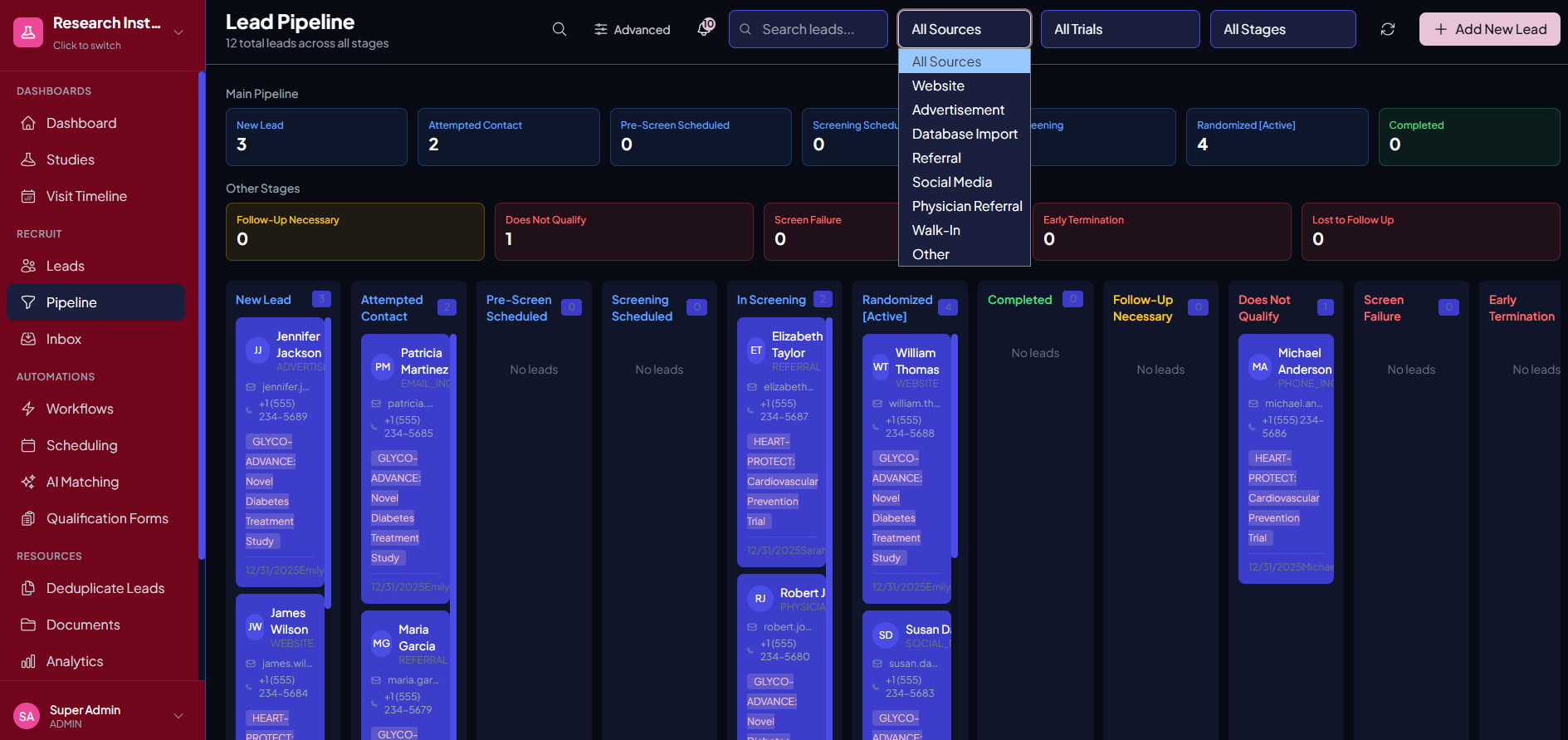 Trialflow drag-and-drop recruitment pipeline with custom stages from inquiry to enrolled