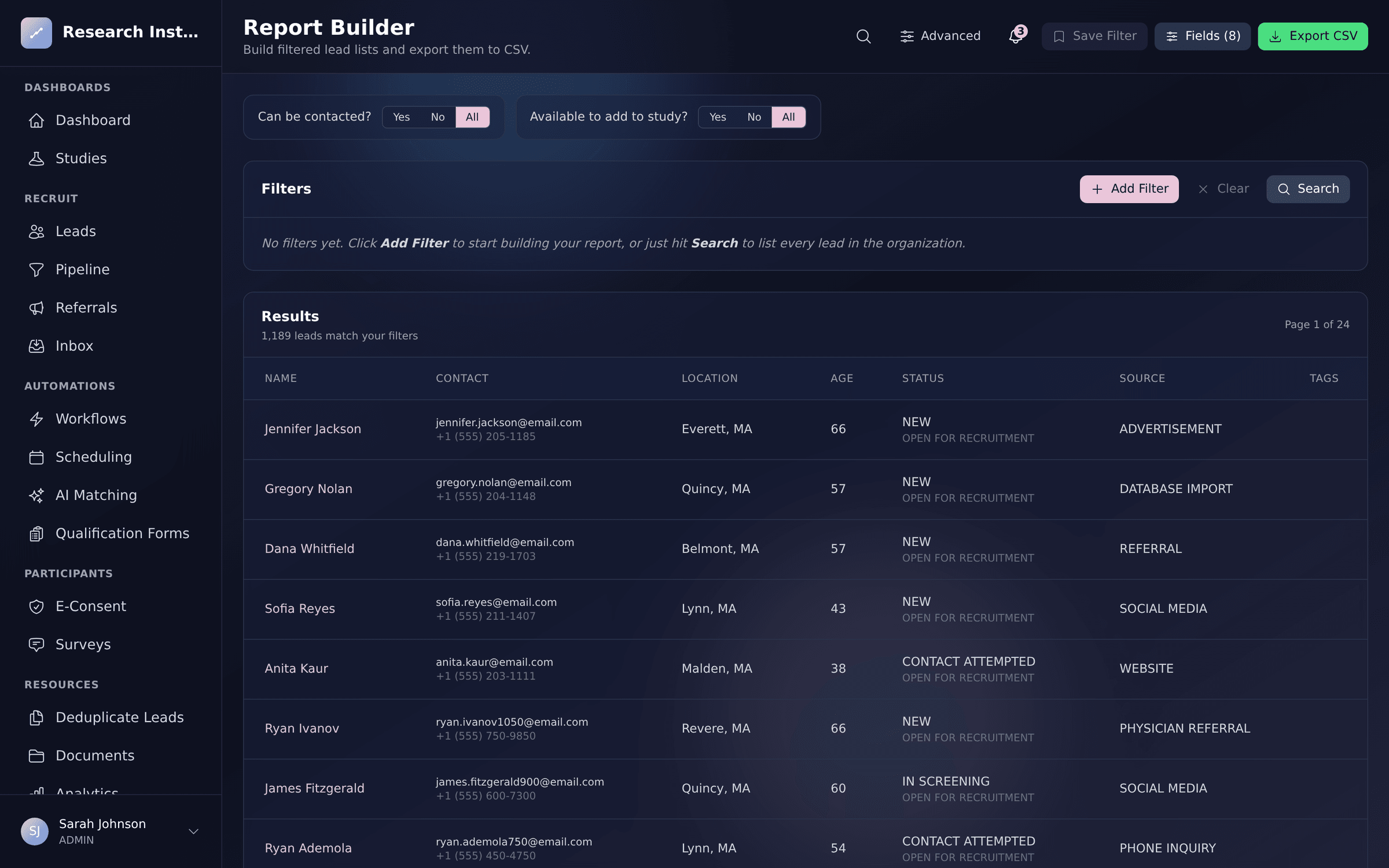 Trialflow report builder with stacked filters and a previewed result list ready to export to CSV