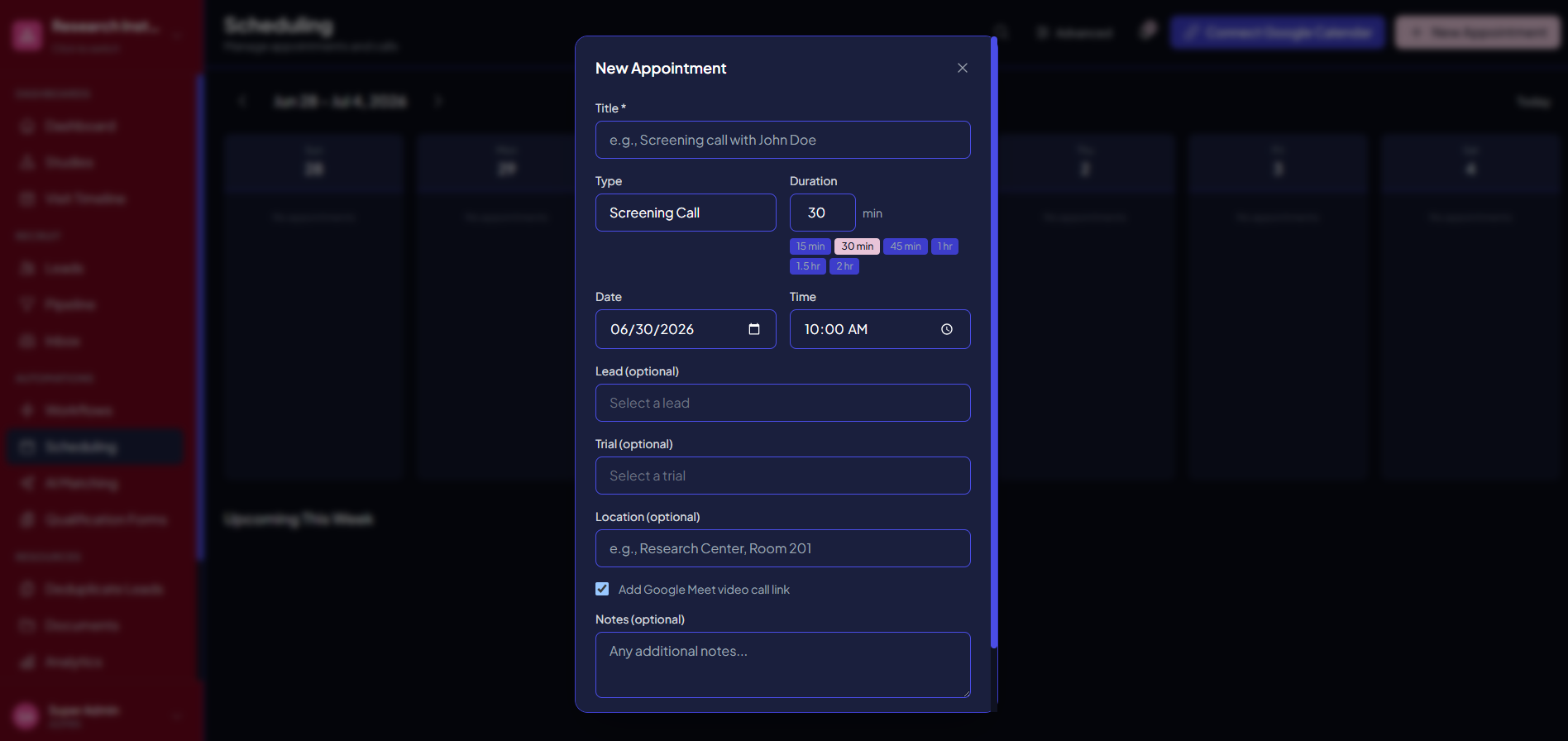 Trialflow scheduling view with available screening slots, booked visits, and automated reminders