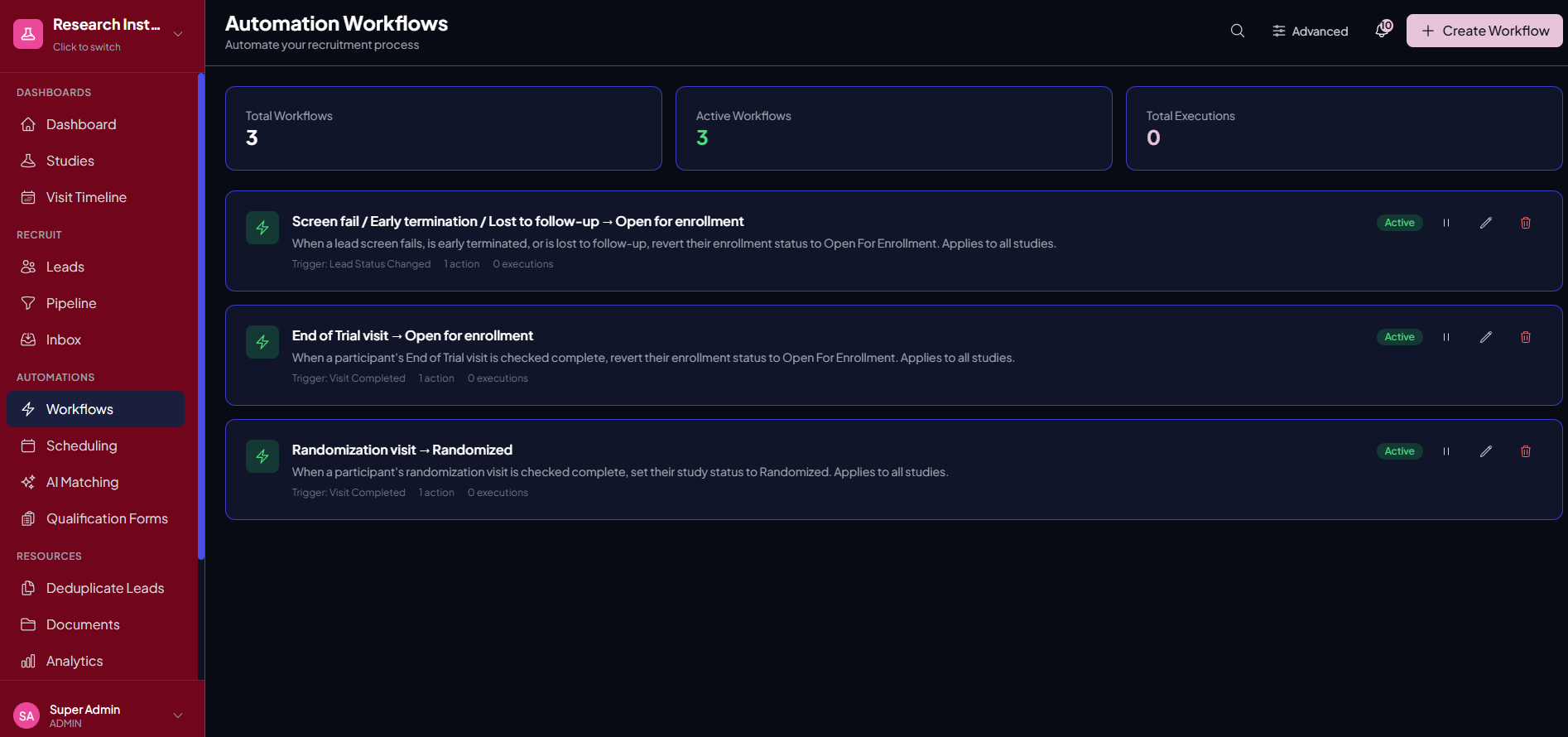 Trialflow workflow automation rule that assigns, messages, and advances a candidate when status changes